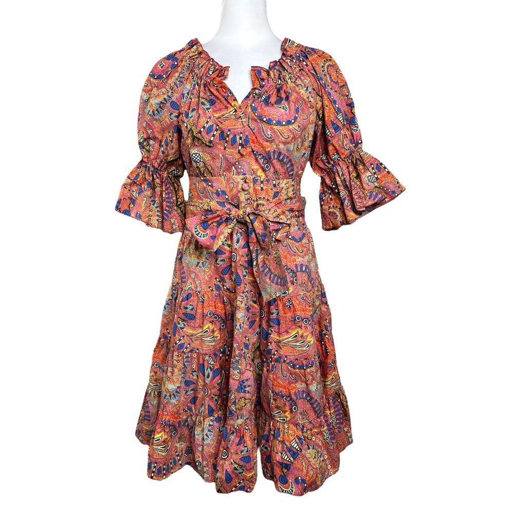 Etro Dress Abiti Pink Blue Paisley Off Shoulder Tiered Puff Sleeve Mini